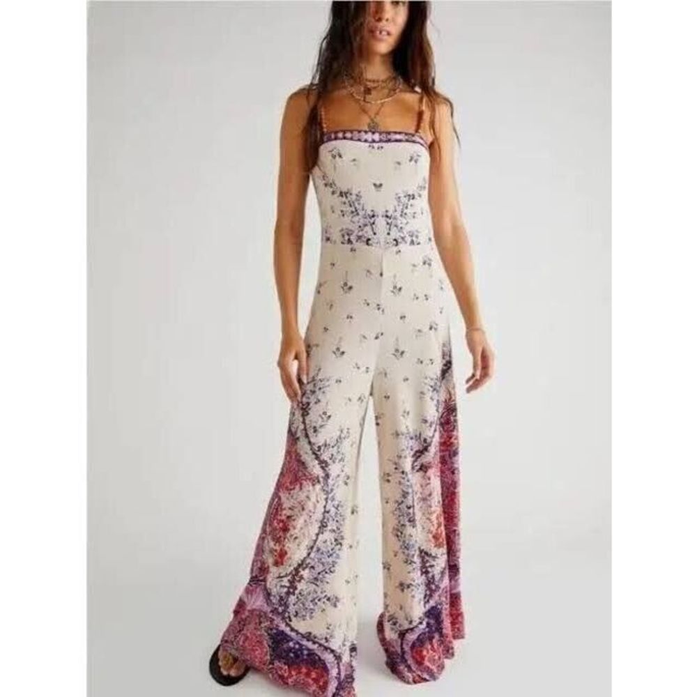 Free People Cream and Purple Floral Jumpsuit